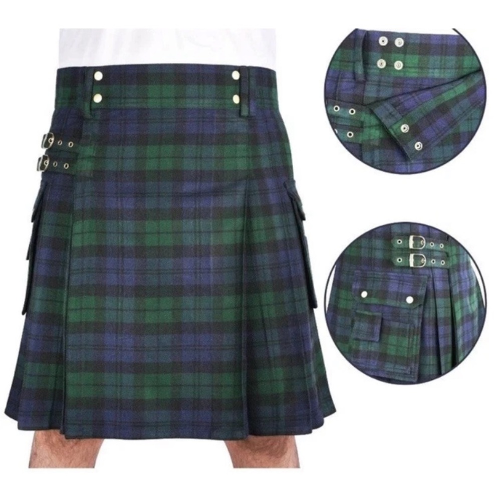 Scottish Kilt Mens 2X Blackwatch Tartan Plaid Highland Buckle Cargo Celtic Punk
